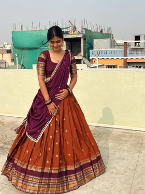 Rust Orange and Deep Magenta Purple Soft Gadwal Silk Pure Zari Work South Indian Half Saree Langa Voni Set flat lay view by The Beauty Queen