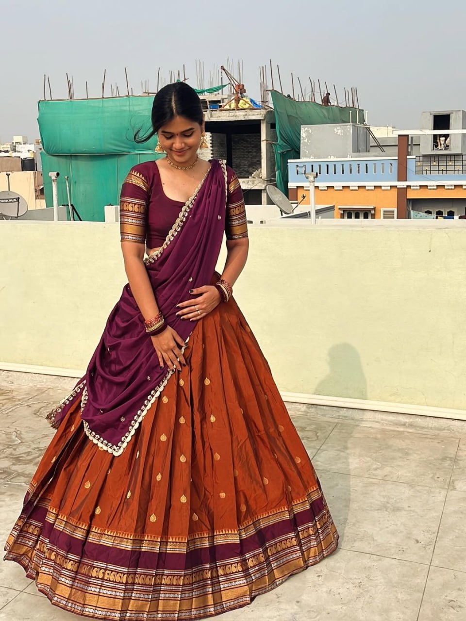 Rust Orange and Deep Magenta Purple Soft Gadwal Silk Pure Zari Work South Indian Half Saree Langa Voni Set flat lay view by The Beauty Queen