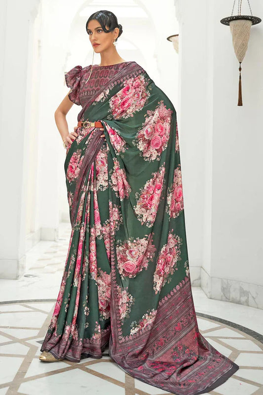 Dark Green  Partywear Floral Digital Printed Silk Saree
