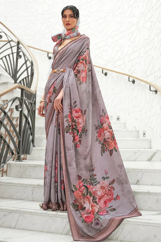 Grey Partywear Floral Digital Printed Silk Saree