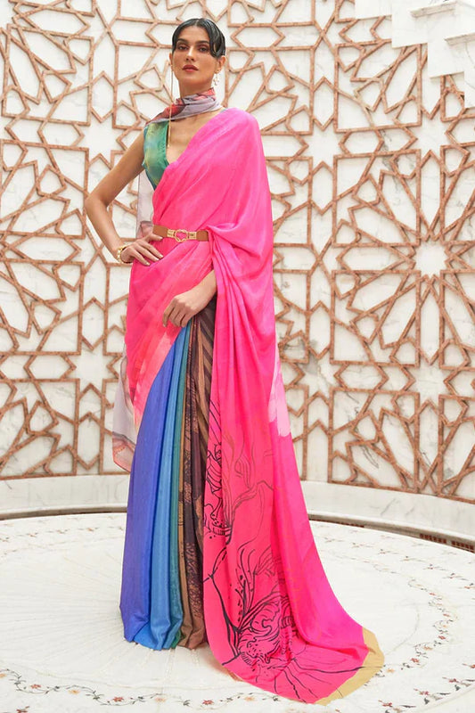 Pink  Partywear Floral Digital Printed Silk Saree