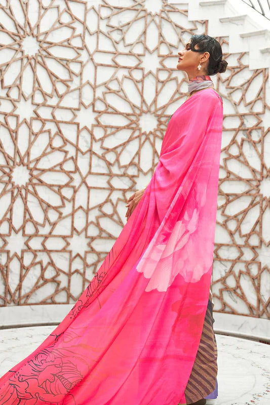 Pink  Partywear Floral Digital Printed Silk Saree