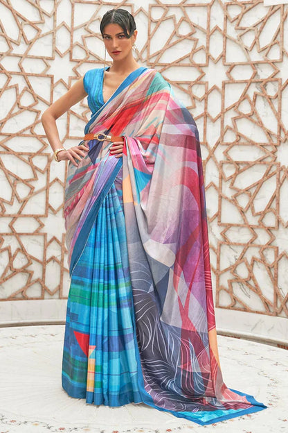 Vivid Blue  Partywear Floral Digital Printed Silk Saree