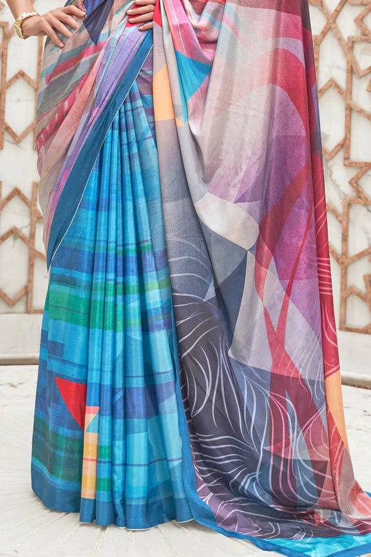 Vivid Blue  Partywear Floral Digital Printed Silk Saree