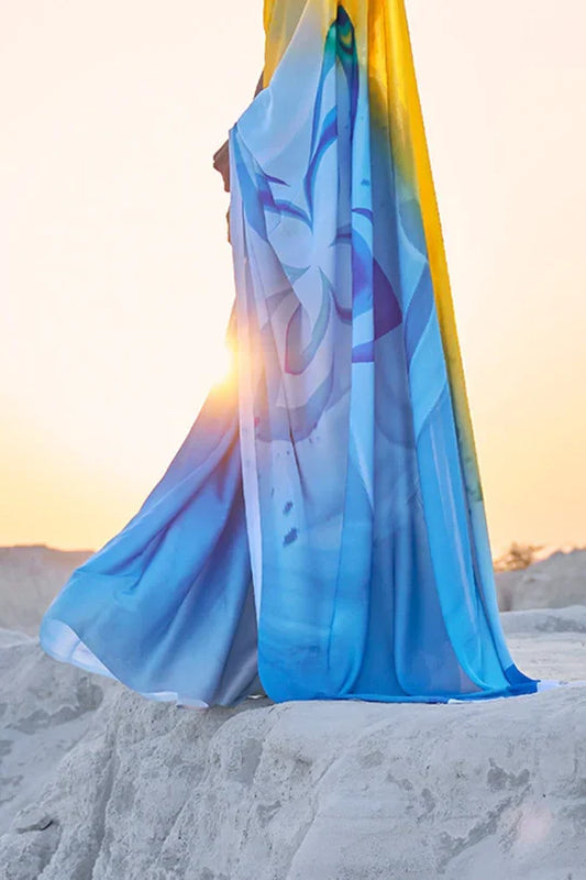 Yellow Multy Color Pure Sattin Crepe Saree And Digital Print Blouse