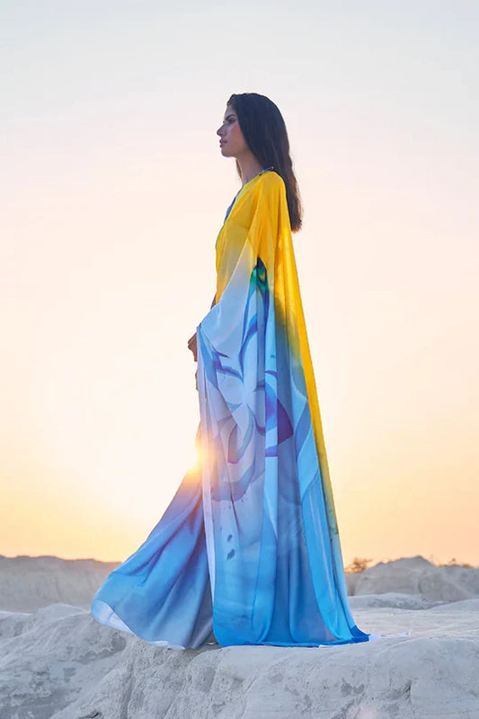 Yellow Multy Color Pure Sattin Crepe Saree And Digital Print Blouse