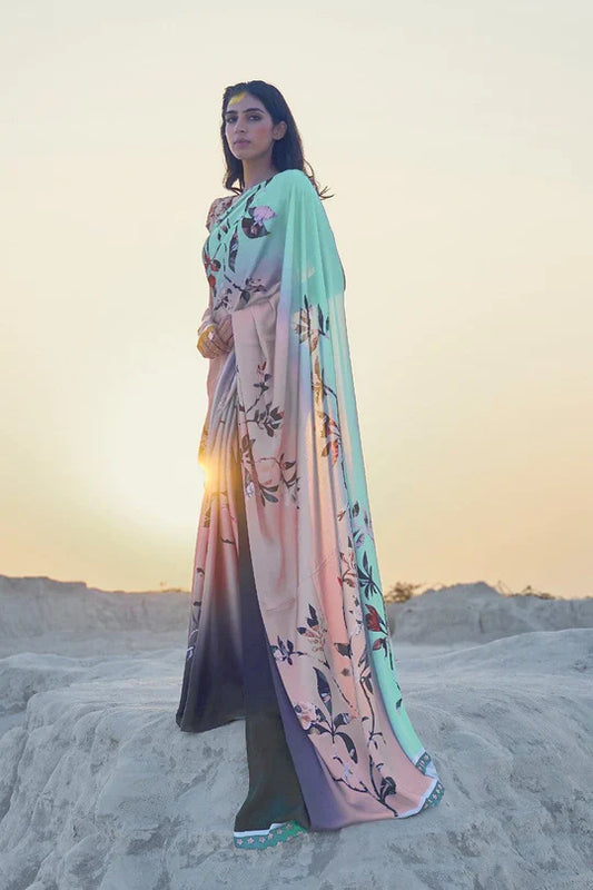 Pastel Blue And Pink  Color Polka Dot Pure Sattin Crepe Saree And Digital Print Blouse