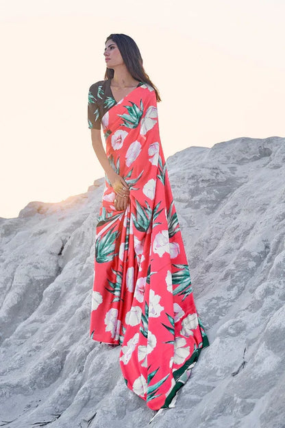 Strawberry Pink Multy Design Pure Sattin Crepe Saree And Digital Print Blouse