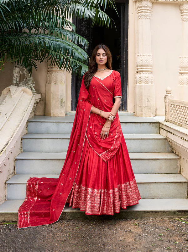 Red Chanderi Lehenga Choli with Zari Weaving Work – Designer Bridal & Festive Wear Lehenga