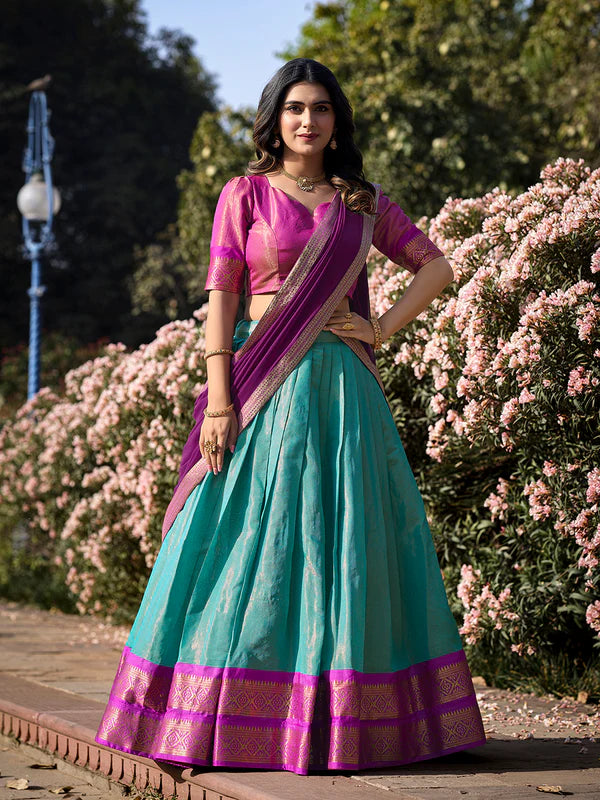 Sky Blue Kanchipuram Silk Lehenga Choli with Traditional Gold Zari Weaving and Georgette Dupatta by The Beauty Queen Surat