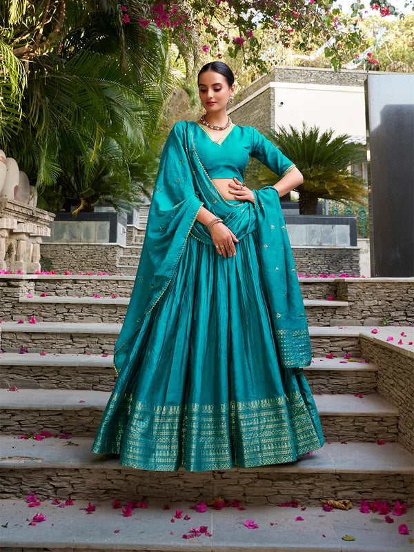 Sky Blue Chanderi Lehenga with Zari Weaving Work – Designer Festive Wear Lehenga