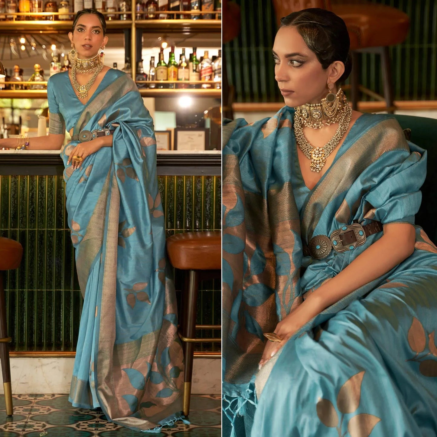 Sky Blue Woven Art Silk Saree With Tassels