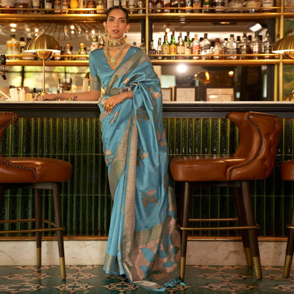 Sky Blue Woven Art Silk Saree With Tassels