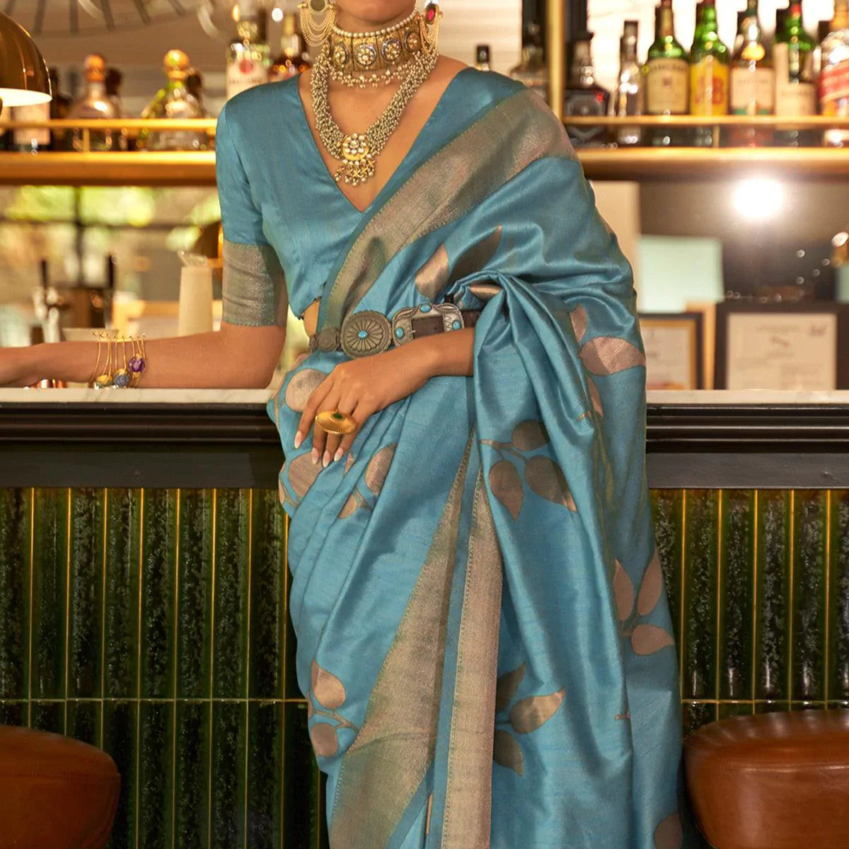 Sky Blue Woven Art Silk Saree With Tassels