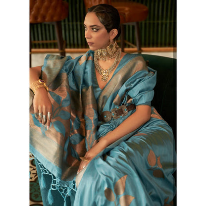 Sky Blue Woven Art Silk Saree With Tassels