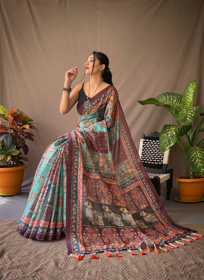 Sky Soft Cotton Kalamkari Prints Saree