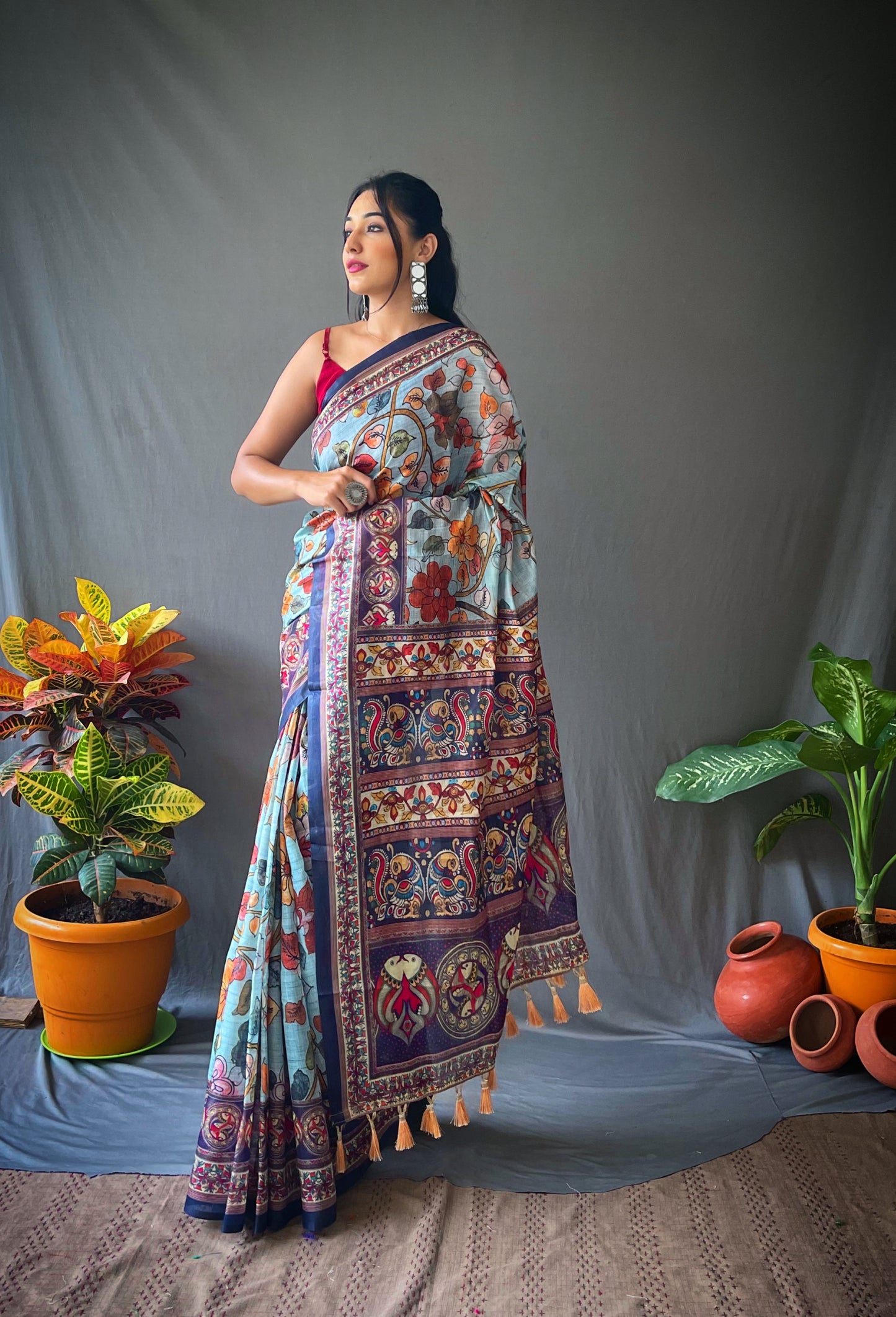 Blue Cotton Kalamkari Digital Printed Beautiful Saree