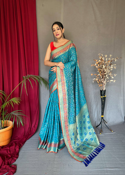 Sky Color Ethnic Motifs Zari Silk Blend Patola Saree