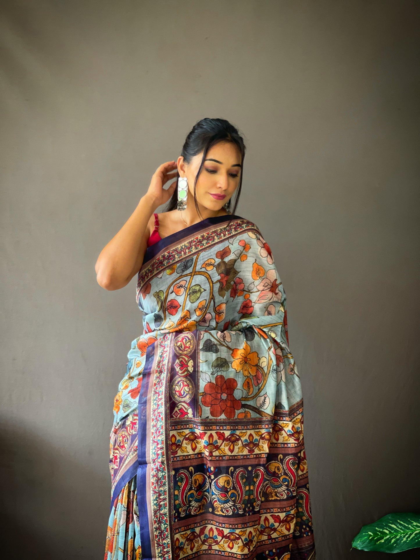 Blue Cotton Kalamkari Digital Printed Beautiful Saree