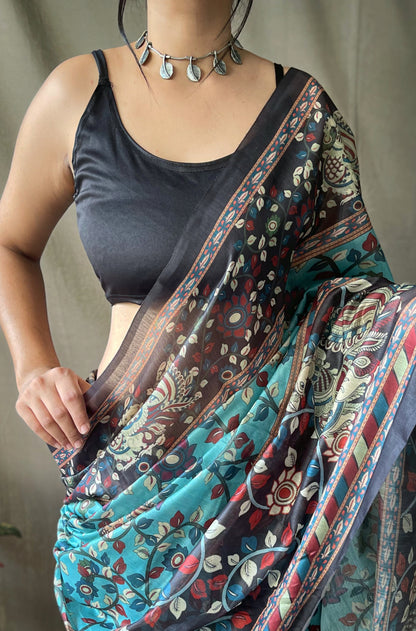 Sky Color Pure Cotton Kalamkari Digital Printed Saree with Tassels