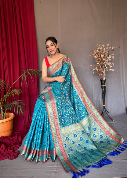 Sky Color Ethnic Motifs Zari Silk Blend Patola Saree