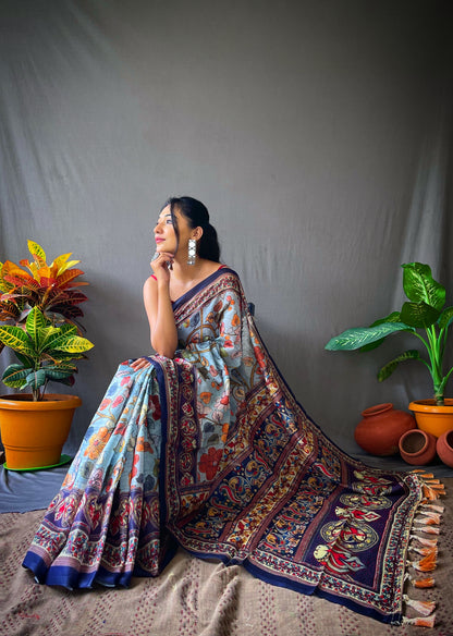 Sky Color Cotton Kalamkari Printed Saree