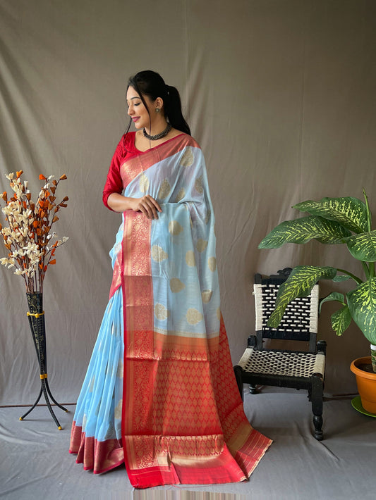 Sky Blue Soft Linen Weaving Sarees With Contrast Weaving Border And Pallu. Paired With Contrast Unstitched Blouse