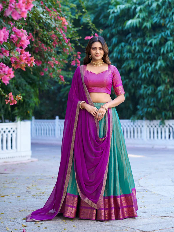 Sea Green Kanchipuram Silk Lehenga Choli with Traditional Gold Zari Weaving Work by The Beauty Queen Surat