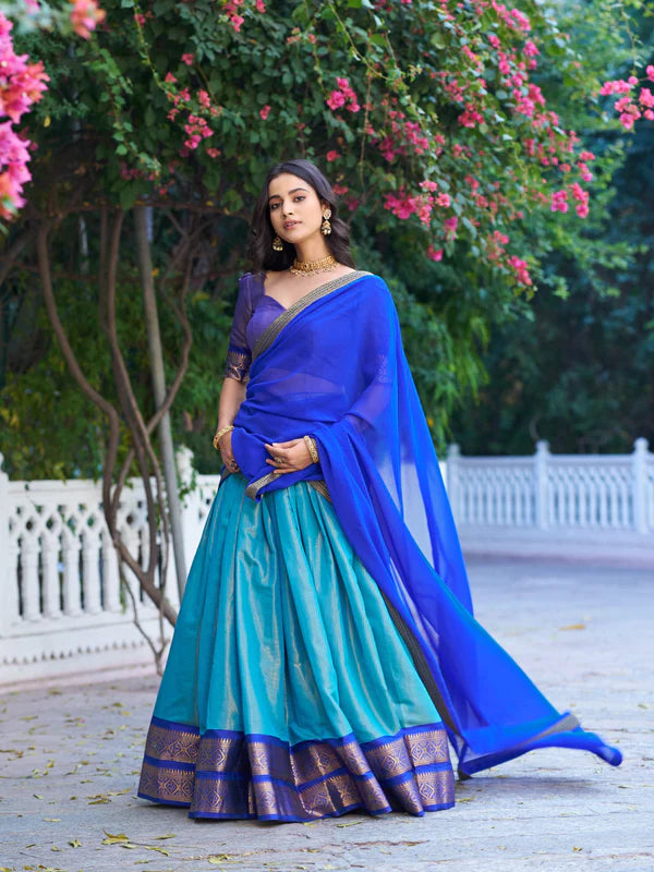 Royal Blue Kanchipuram Silk Lehenga Choli with Traditional Gold Zari Weaving Work by The Beauty Queen Surat
