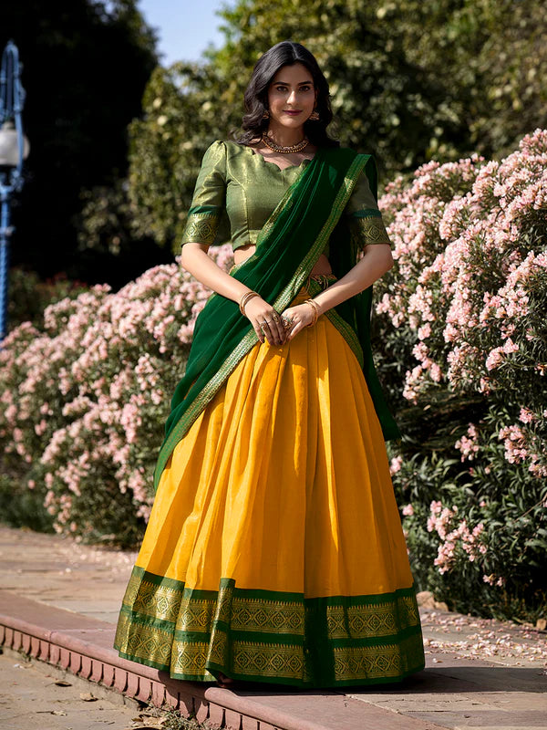 Yellow Kanchipuram Silk Lehenga Choli with Traditional Gold Zari Weaving Work by The Beauty Queen Surat