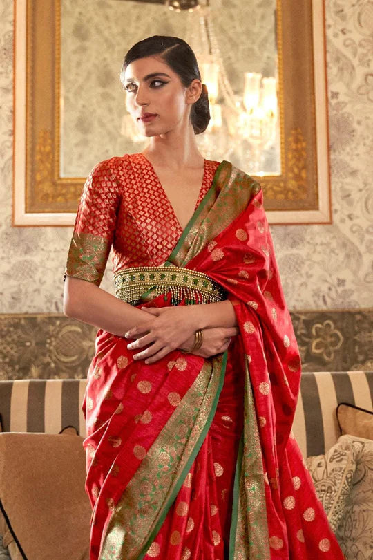 Hot Red Tessar Silk Weaving Saree