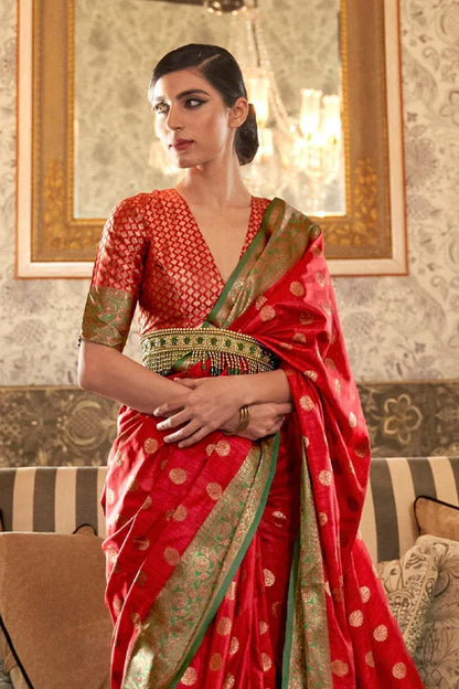 Hot Red Tessar Silk Weaving Saree