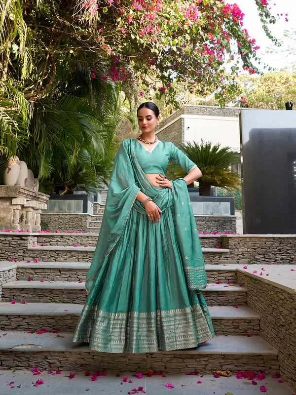 Sea Green Chanderi Lehenga Choli with Zari Weaving Border – Designer Wedding & Festive Wear Lehenga