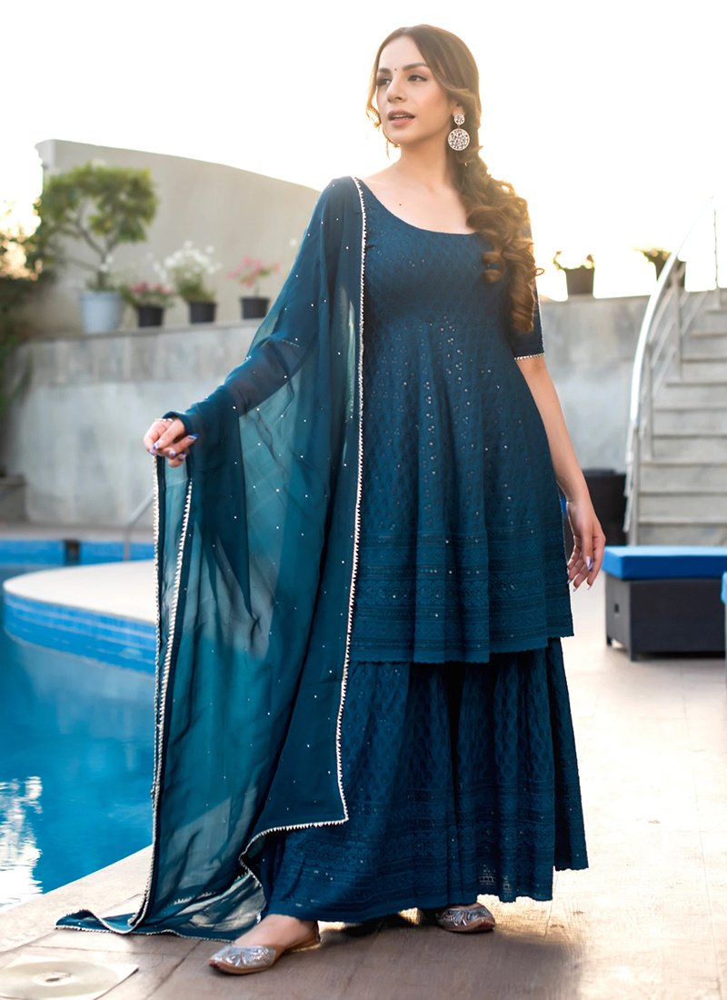 Turquish Blue Georgette Sharara With Lucknowi Chikankari Embroidery Work