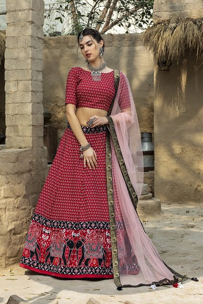 Red Color Printed Art Silk Lehenga Choli With Dupatta