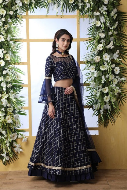 Navy Blue Semi Stitched Lehenga Choli with Dupatta Set