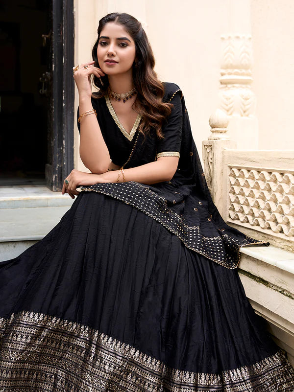 Black Chanderi Lehenga Choli with Zari Weaving Work – Designer Festive & Wedding Wear Lehenga