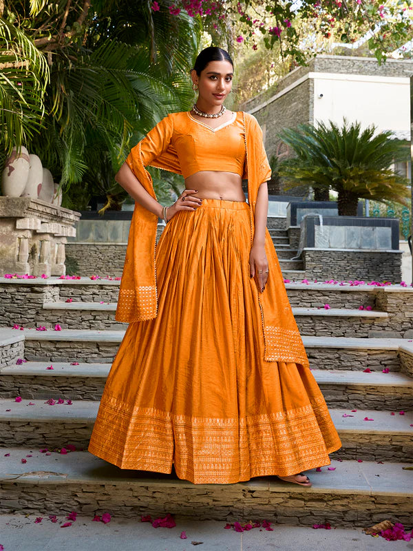 Orange Chanderi Lehenga Choli with Zari Weaving Work – Designer Festive & Wedding Wear Lehenga
