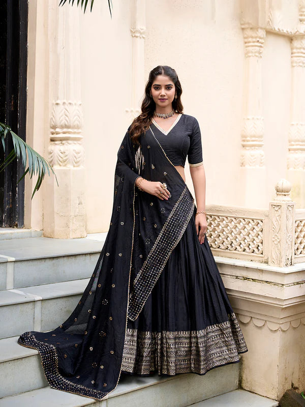 Black Chanderi Lehenga Choli with Zari Weaving Work – Designer Festive & Wedding Wear Lehenga