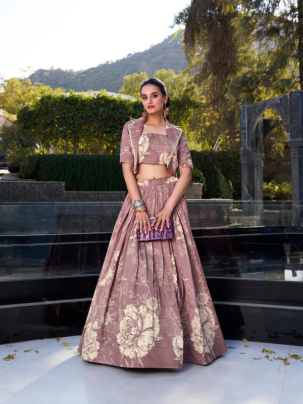 Elegant Onion Pink Tasar Silk Floral Print Lehenga with Heavy Can-Can Flair by The Beauty Queen Surat
