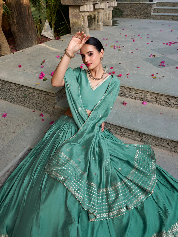 Sea Green Chanderi Lehenga Choli with Zari Weaving Border – Designer Wedding & Festive Wear Lehenga
