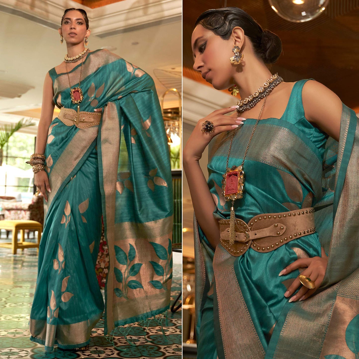 Turquoise Woven Art Silk Saree With Tassels