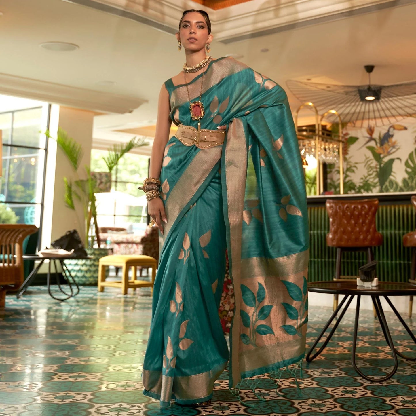 Turquoise Woven Art Silk Saree With Tassels