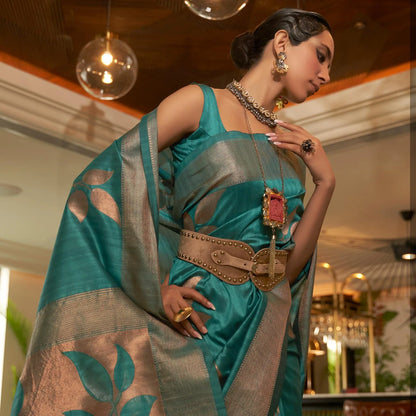 Turquoise Woven Art Silk Saree With Tassels