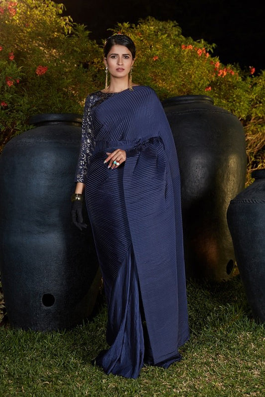 Navy Blue Foil Print With Plitting Work Party Wear Sarees
