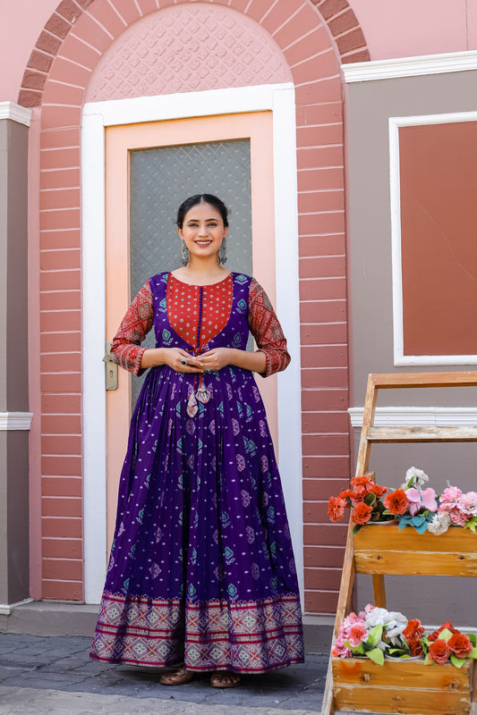 Violet Traditional Flared  With Gold Zari Weaving Readymade Gown