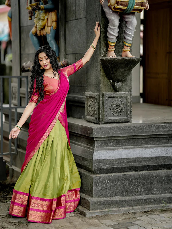 Pista Green Kanchipuram Silk Lehenga Choli with Traditional Gold Zari Weaving Work by The Beauty Queen Surat