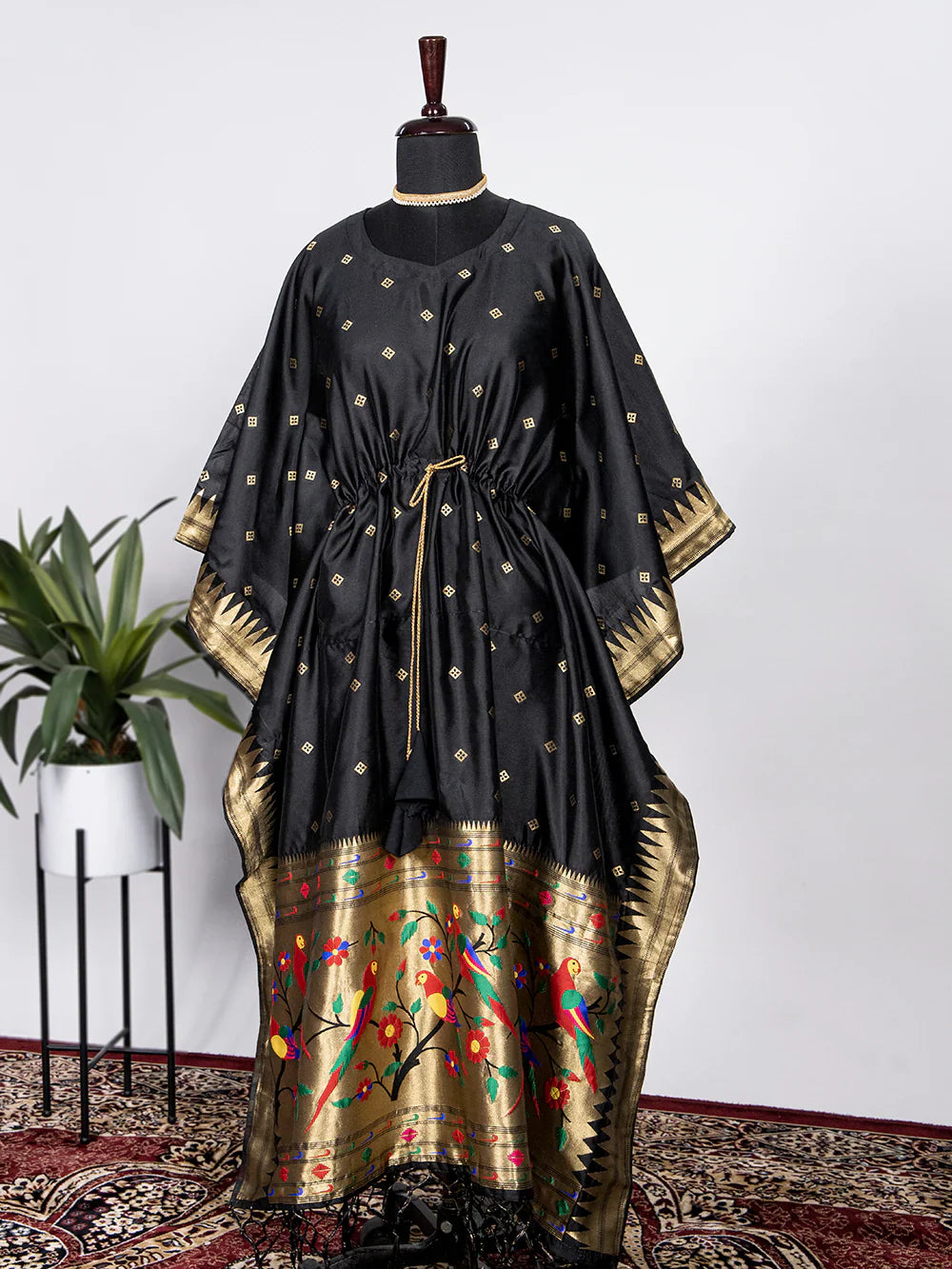 Black Color Weaving Zari Work Jacquard Paithani Kaftan Dress