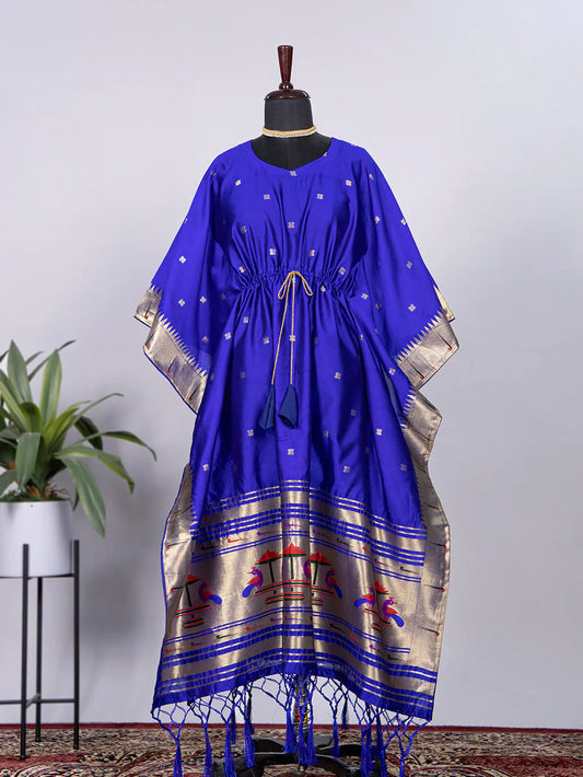 Blue Color Weaving Zari Work Jacquard Paithani Kaftan Dress