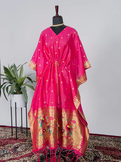 Pink Color Weaving Zari Work Jacquard Paithani Kaftan Dress